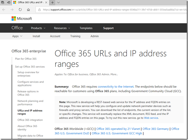 Office 365 IP Address and URLs
