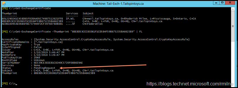 Exchange 2010 Management Shell Showing Certificate With Pending Status