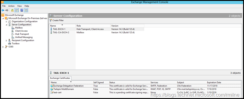 Exchange MMC Showing Certificate With Pending Status