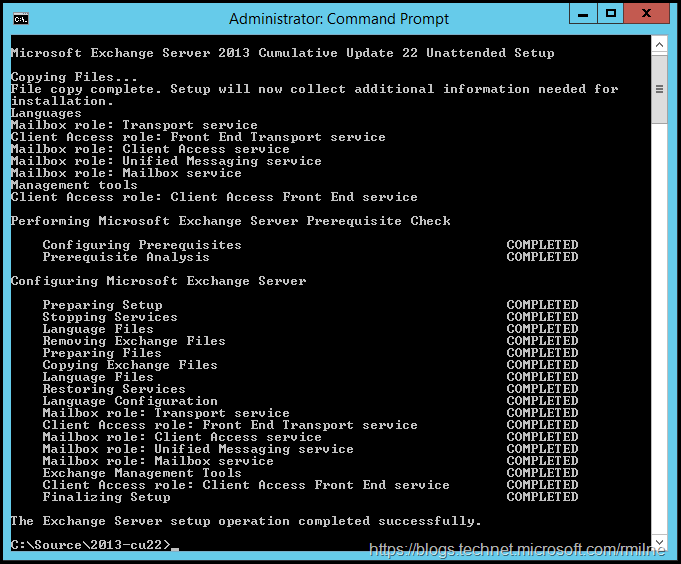 Exchange 2013 CU22 Setup Successfully Completed