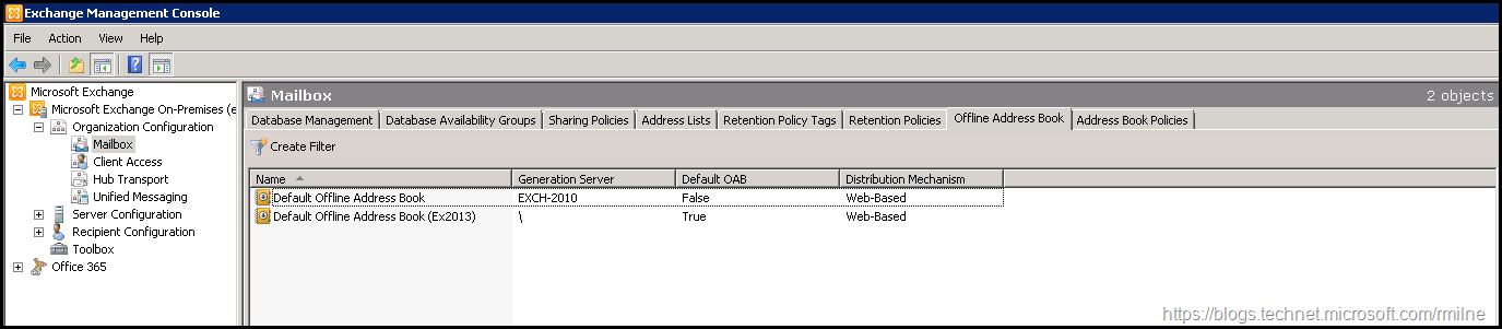 Exchange 2010 Management Console Showing 2010 and 2013/2016 OAB