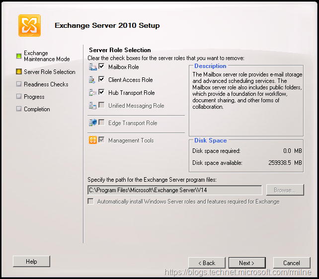 Starting Exchange 2010 Setup - Server Role Selection