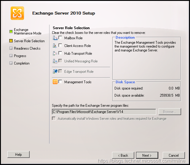 Starting Exchange 2010 Setup - Server Role Removal