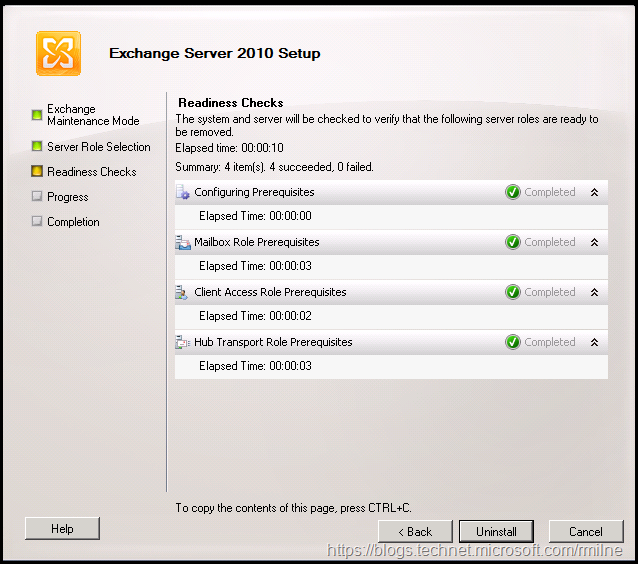 Starting Exchange 2010 Setup - Readiness Checks Passed - Ready To Uninstall