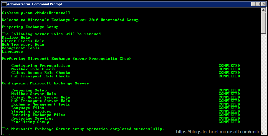 Exchange 2010 Command Line Uninstall