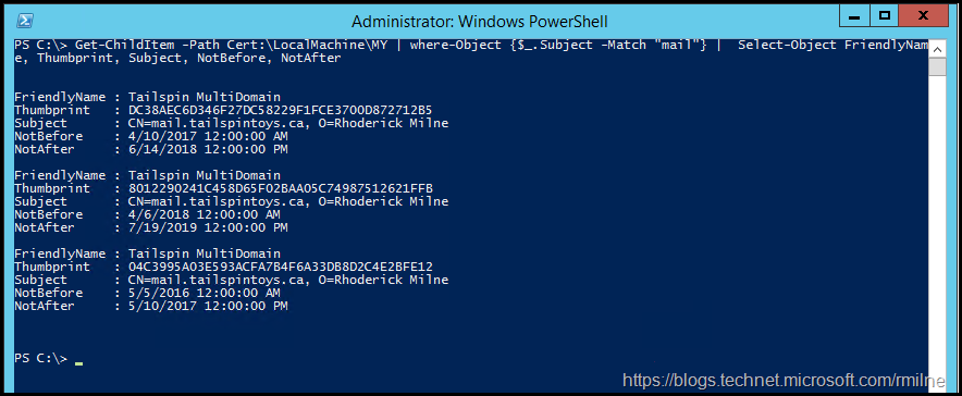 List Certificates Containing "Mail" In the Local Machine MY Store With Their Thumbprint