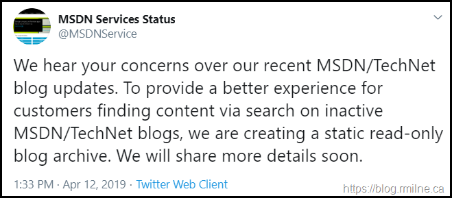 MSDN Twitter Post Recovering Blogs