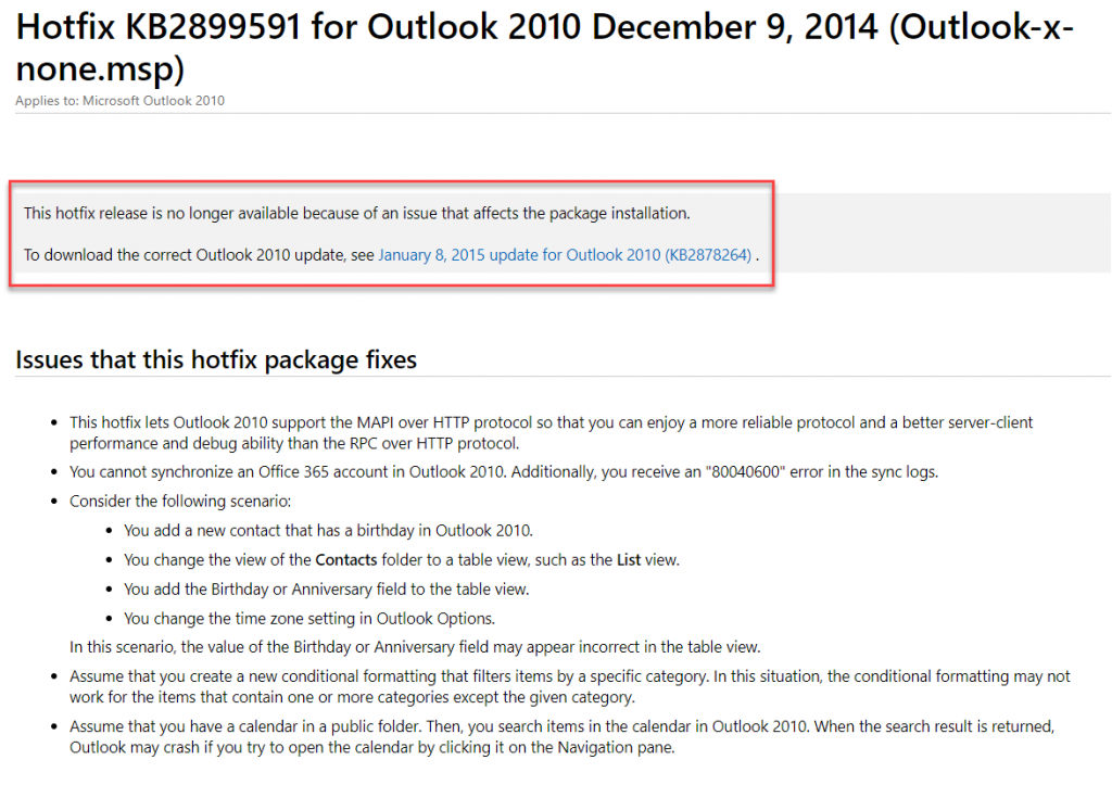 Outlook 2010 December 2014 Update