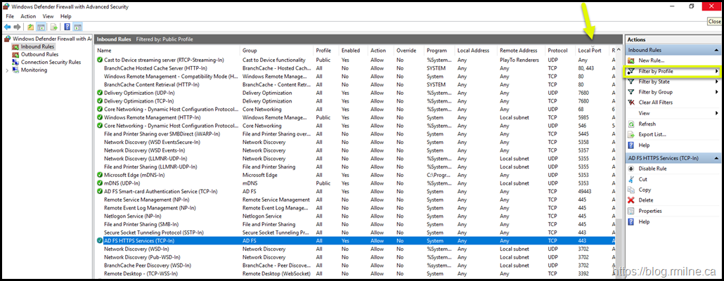 Windows Firewall Advanced Security - Filtered To Show Public Profiles. Sorted on Local Port Column