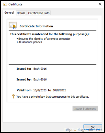 Exchange Default Self Signed Certificate - General Tab