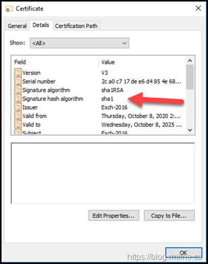 Exchange Default Self Signed Certificate - Details Tab