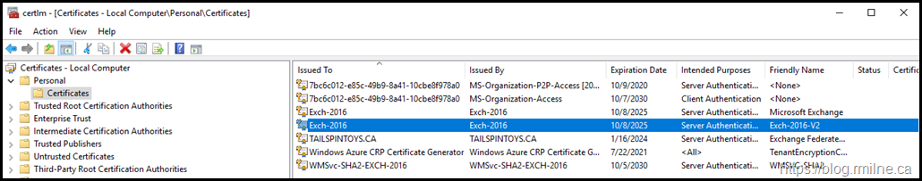 Post Install Certificate Exch-2016-V2 Is Visible In Certificate MMC