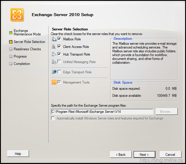 Exchange 2020 GUI Uninstall Screen