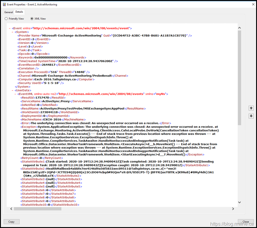 Exchange Managed Availability -- The underlying connection was closed: An unexpected error occurred on a receive