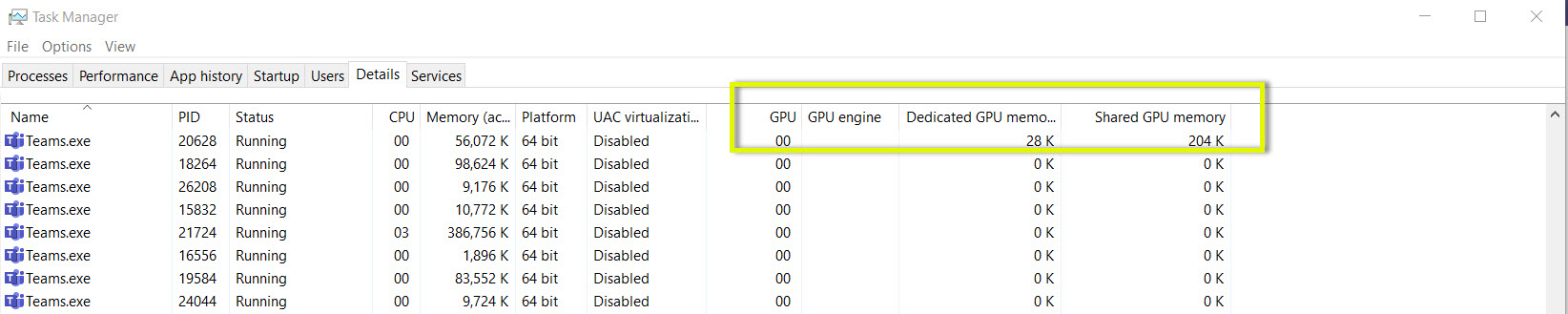 Task Manager Showing Additional GPU Columns Added