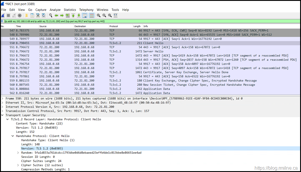 Wireshark Trace Showing TLS 1.2