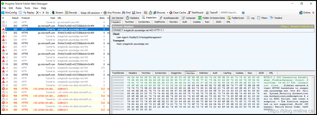 Fiddler Trace Showing TLS Issues