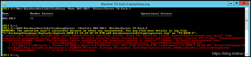 Error Adding First Mailbox Server To The DAG - Error: Cluster API failed: "CreateCluster() failed with 0x200b