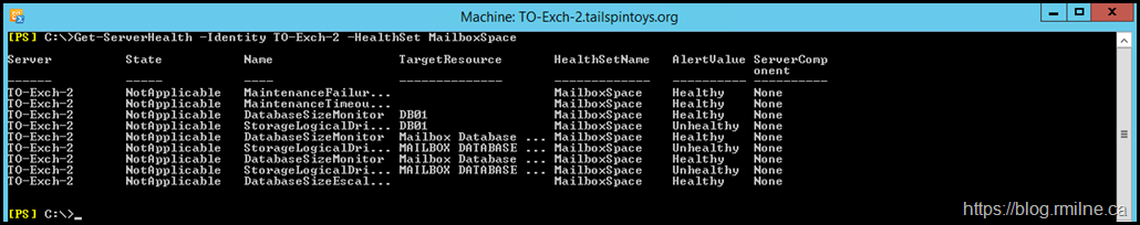 Managed Availability Health of MailboxSpace HealthSet