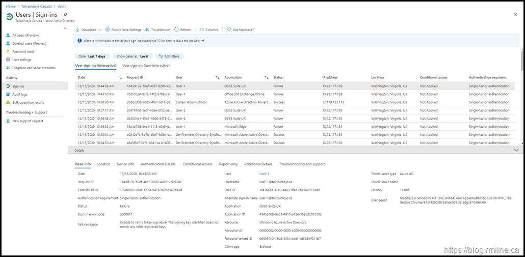 Reviewing Azure AD-SignIns - All Federated Authentication Is Failing