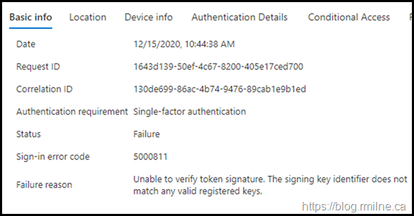 Sign-in error code 5000811 Unable to verify token signature. The signing key identifier does not match any valid registered keys.