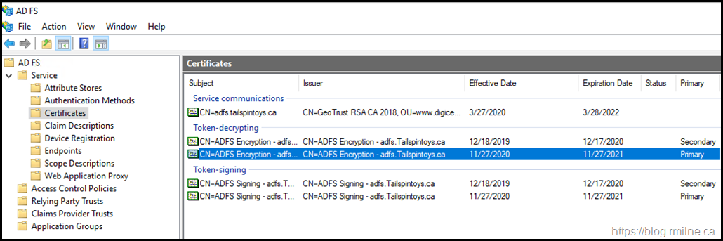 AD FS Certificates - Note There Are Multiple Token Signing and Decryption Certificates