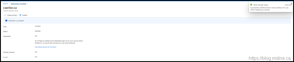 Add Custom Domain In Azure Portal - Verification Completed