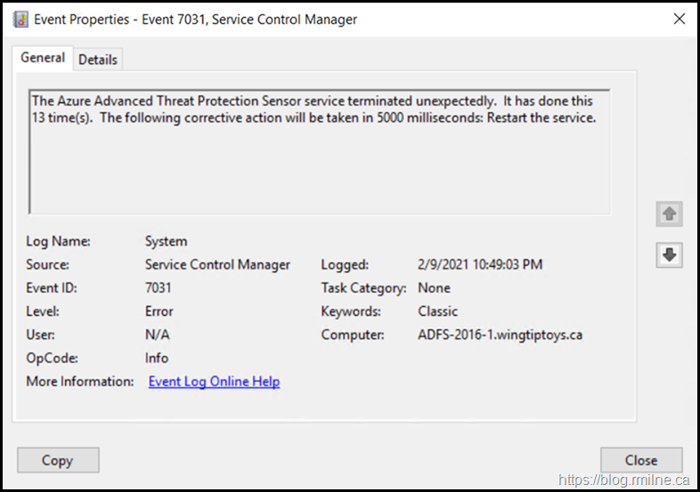 The Azure Advanced Threat Protection Sensor service terminated unexpectedly. It has done this 13 time(s). The following corrective action will be taken in 5000 milliseconds: Restart the service.