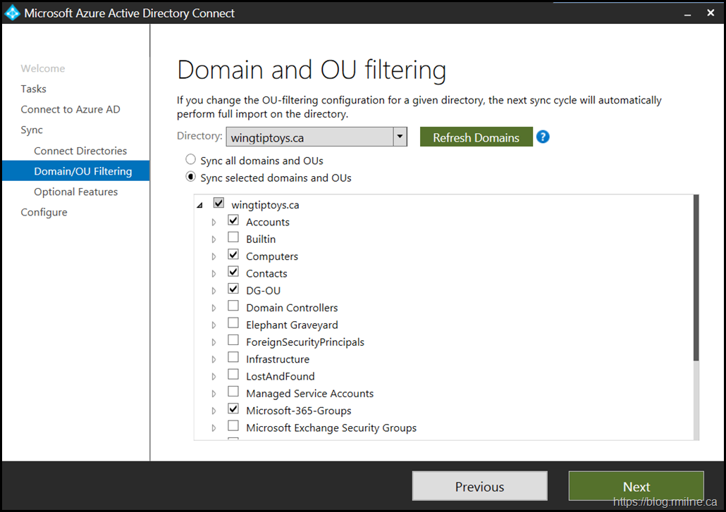 AD Connect - Select OUs to Synchronise and Those to Ignore