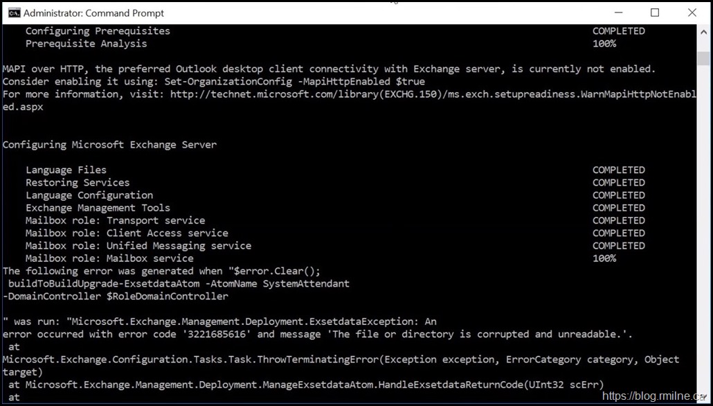 Exchange Setup Fails - Error 3221685616