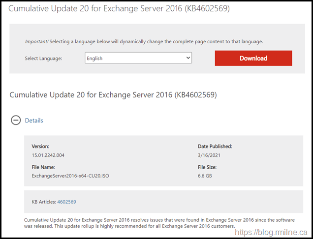 Download Exchange 2016 CU20