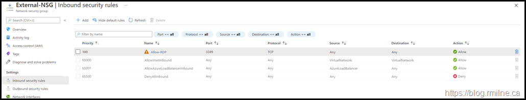 Azure Network Security Group Security Rule Orange Triangle