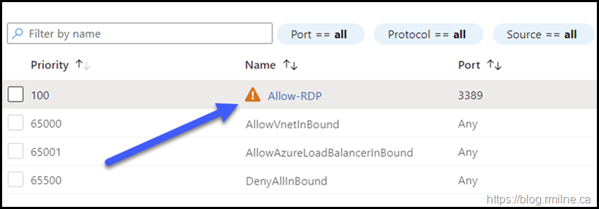 Azure Network Security Group Security Rule Orange Triangle - Zoomed View