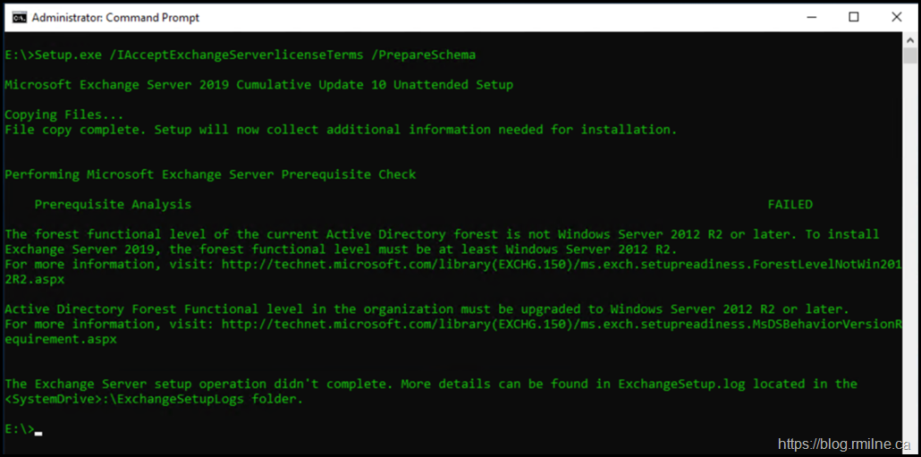 Exchange 2019 Setup Failed Due to Forest Functional Level