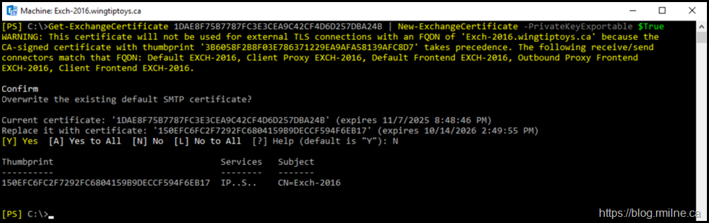 Creating New Self Signed Certificate Using Pipeline - Exchange 2016