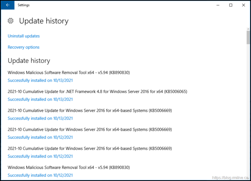 Windows Settings - Update History