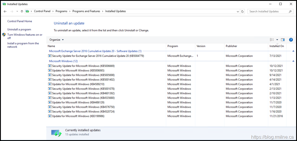 Classic Control Panel - No October Exchange Security Update