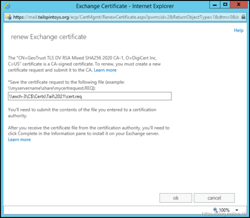 Renew 3rd Party Certificate In Exchange Admin Center - Select Location To Save Certificate Signing Request