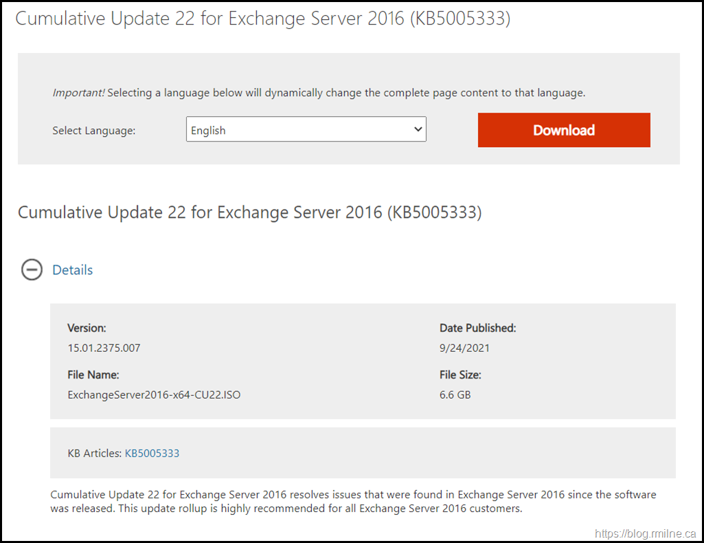 Download Exchange 2016 CU22