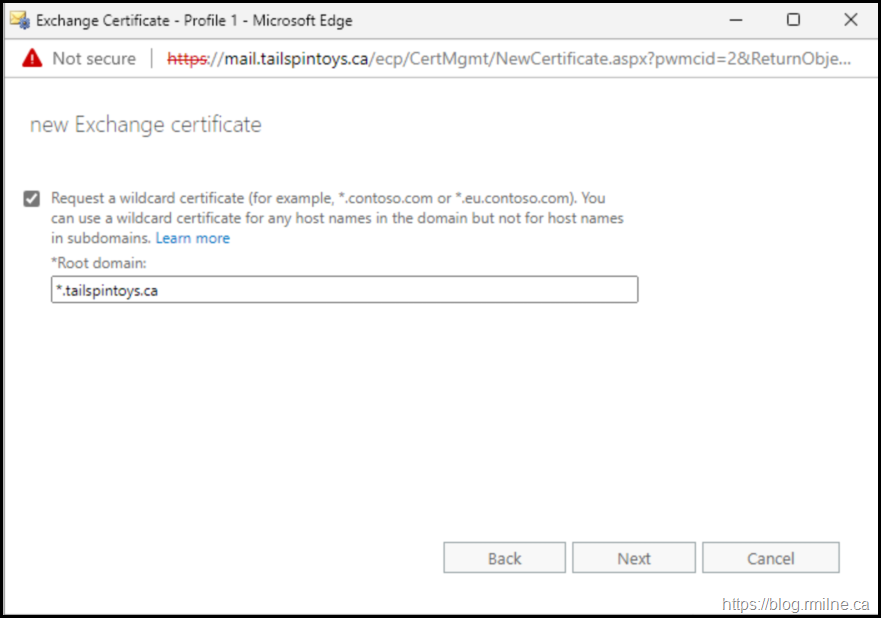 Exchange Certificate Request - Specify This Is Wildcard Certificate
