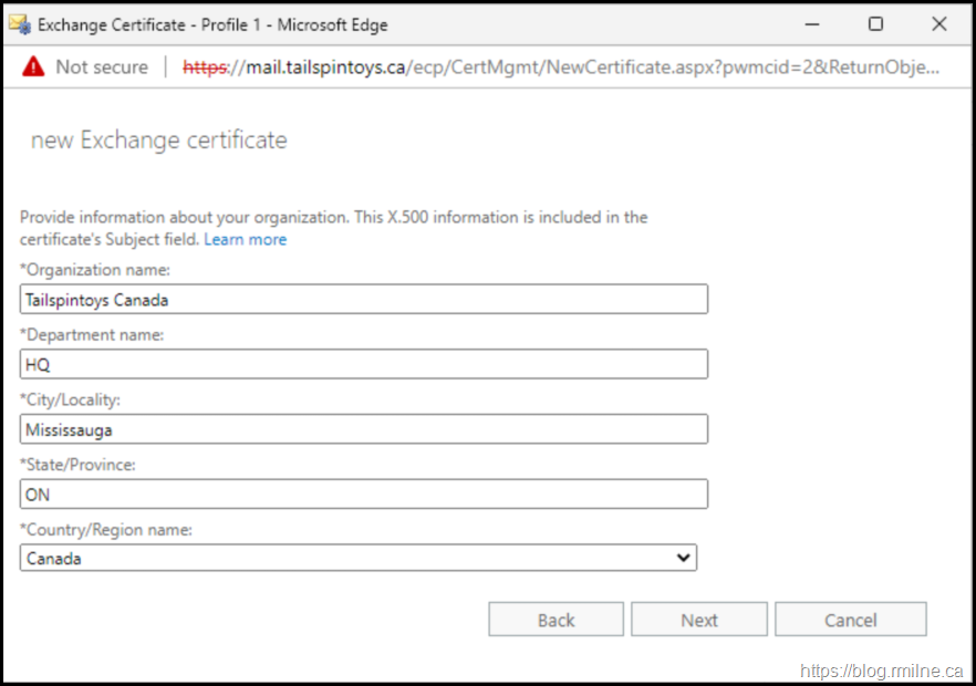 Exchange Certificate Request - Specify Certificate Details