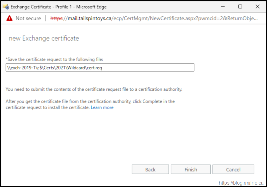 Exchange Certificate Request - Specify Certificate CSR Storage Location