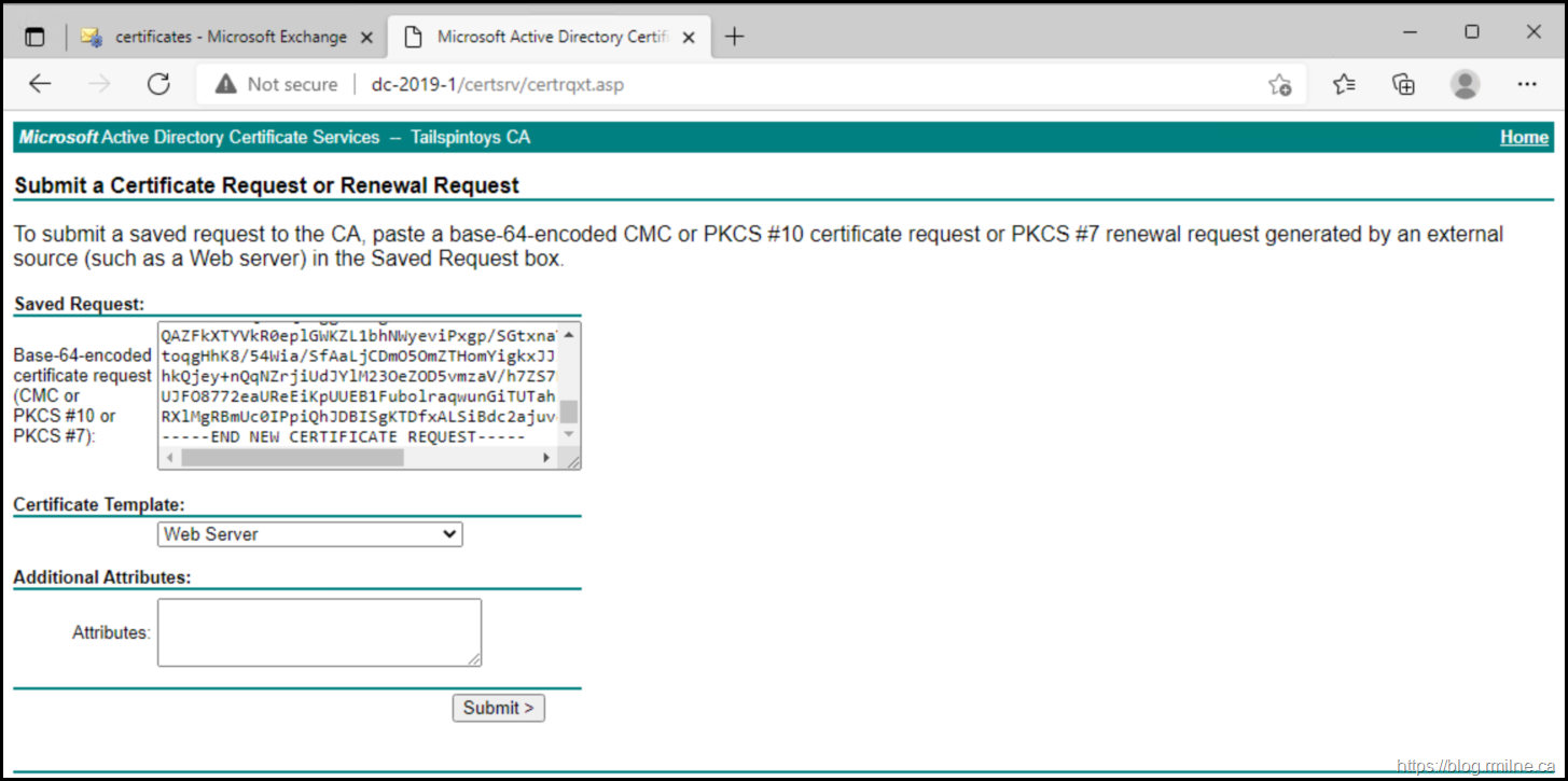 Windows CA Request Certificate Providing CSR