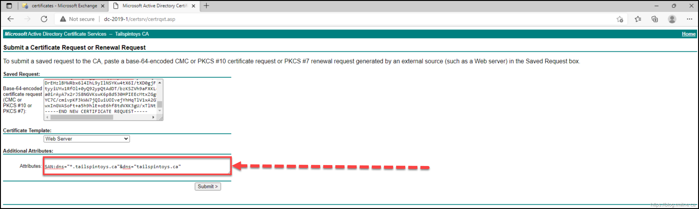 Windows CA Request Certificate Additional Attributes Added