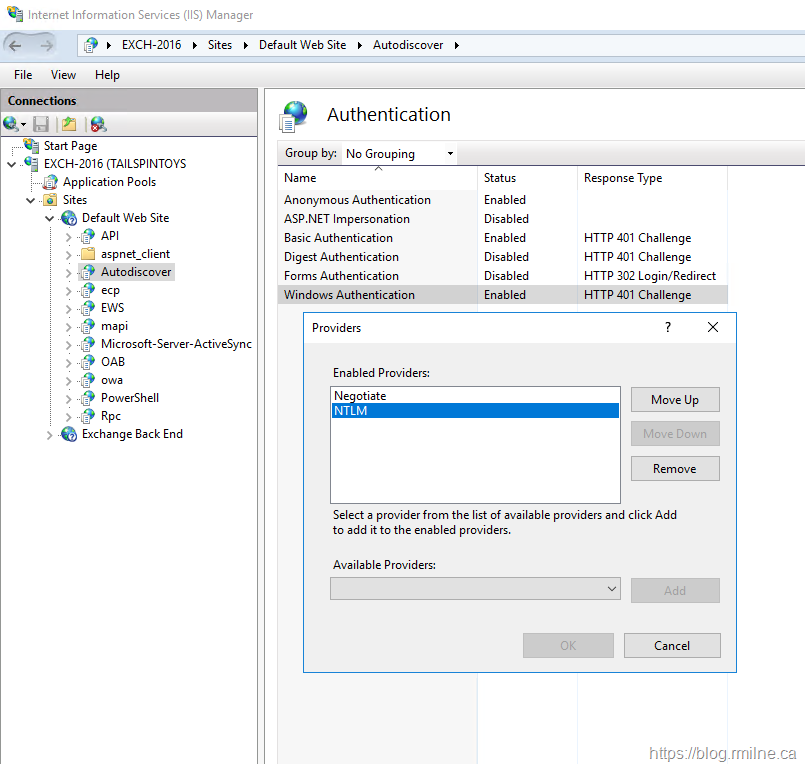 IIS Manager Showing the Expected Windows Authentication Providers