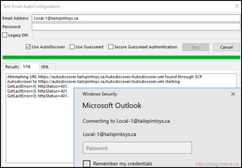 Outlook Autodiscover Test - Authentication Pop-UP