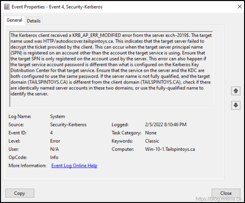 EventID 4 Kerberos KRB_AP_ERR_MODIFIED On Exchange Server