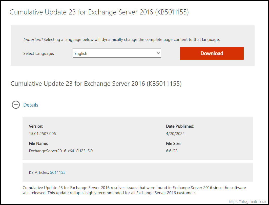 Download Exchange 2016 CU23