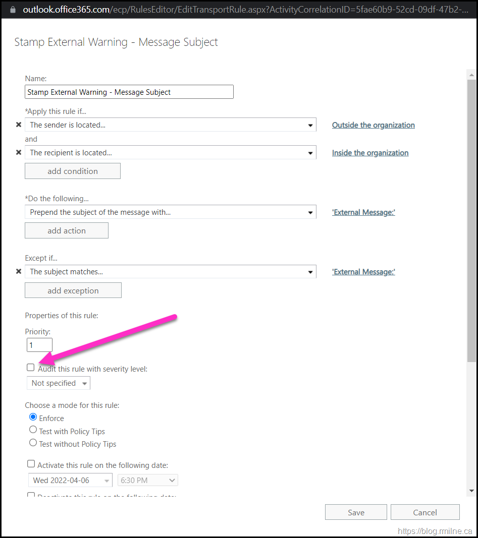 Exchange Online Transport Rule Audit Disabled For This Rule