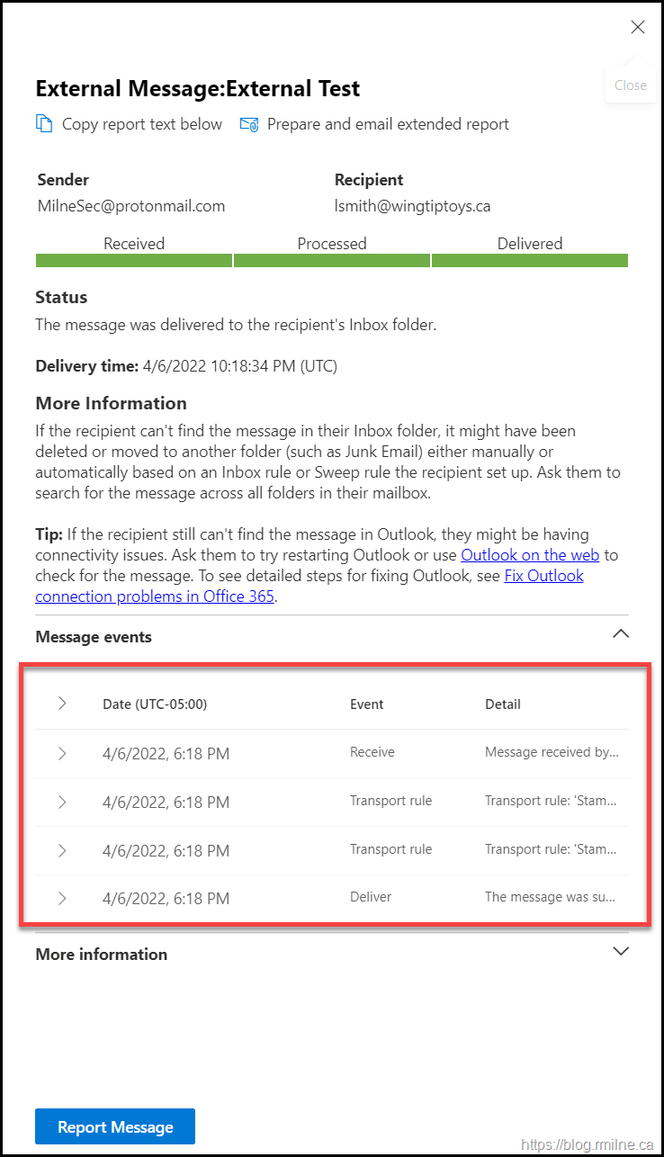 Message Trace Showing ETR Processed The Message